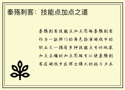 秦殇刺客：技能点加点之道