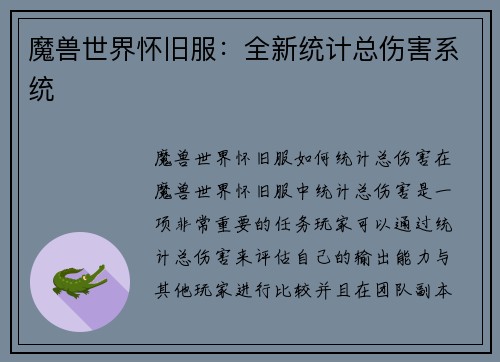 魔兽世界怀旧服：全新统计总伤害系统
